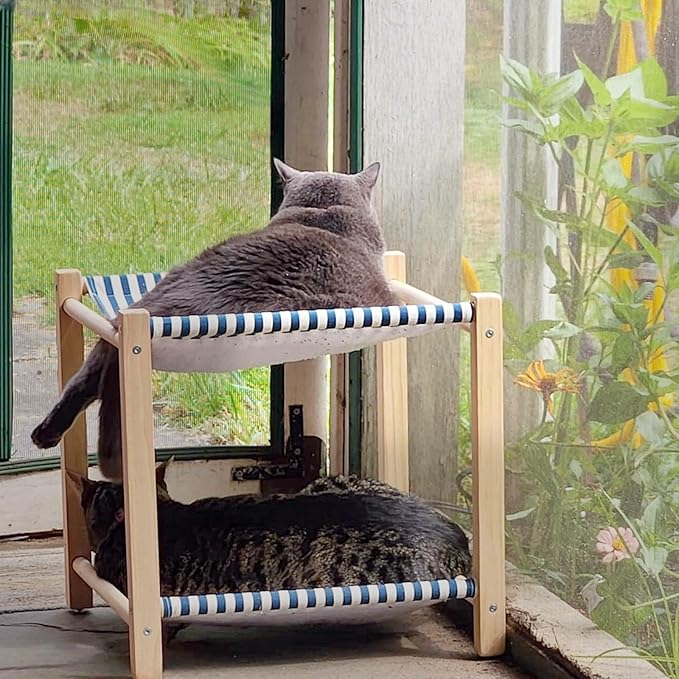 2 Layer Cat Hammock Bed for Indoor Cats, 17.0''×17.0'' Big Size Cat Hammock, Pine Wood Elevated Cat Bed, Good for All Seasons(Blue)