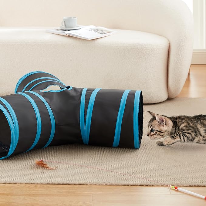 Love's cabin Cat Tunnel Tube Cat Toys 3 Way Collapsible, Cat Tunnels for Indoor Cats，Kitten Tunnel Bored Pet Cat Play Tunnel with Peek Hole Toy Ball for Cat, Kitty, Kitten, Rabbit, Puppy Blue