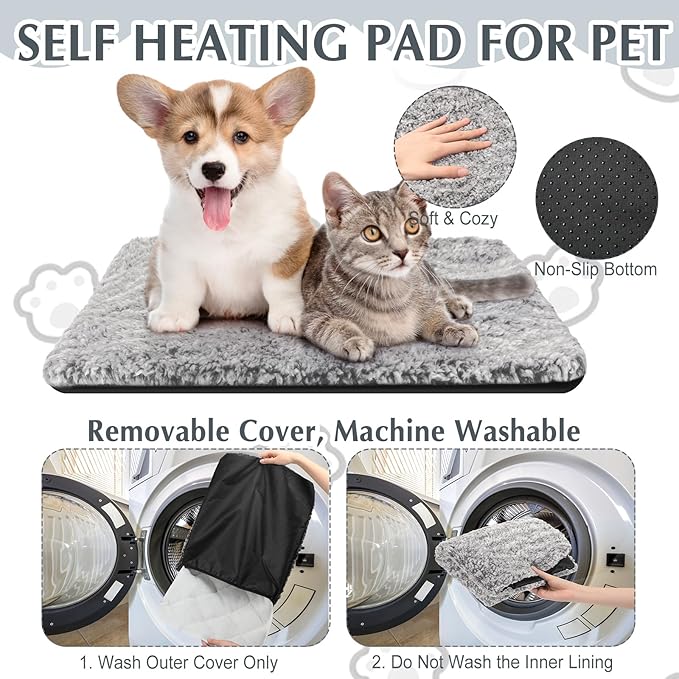 4 Pack Self Warming Cat Pads Self Heating Cat Mat Thermal Pads for Small Dogs Washable Pet Kennel Pad Crate Bed Mat with Removable Covers for Indoor Outdoor Pet(Gray,22 x 35 Inch)