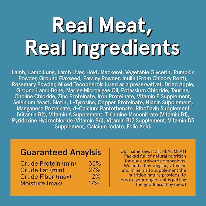 Real Meat Air Dried Cat Food & Dog Food w/ Real Lamb & Fish - 5oz of USA-Crafted Grain-Free Dry Dog & Cat Food Sourced from Free-Range Lamb & Ocean-Caught Fish - All Natural, High Protein Pet Food