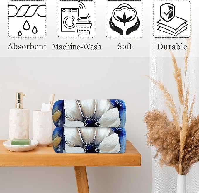 Watercolor White Blue Flowers Hand Towel Set of 2,Abstract Oil Painting Floral Soft Absorbent Decorative Bathroom Kitchen Towel for Bathroom Kitchen Hotel Gym Yoga