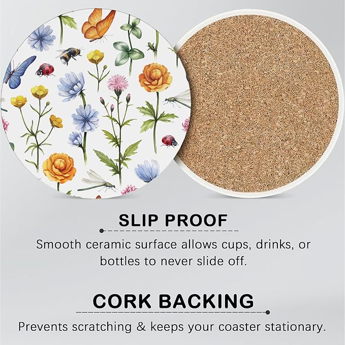 6 Pcs Drink Coasters with Holder,Botanical Flowers Absorbent Round Ceramic Coaster for Tabletop Protection,for Coffee Cup Beverage Coasters Wine Beer Bar