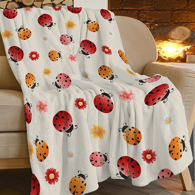 Ladybug Throw Blanket - Cute Decor Stuff Merch, Cozy Print Flannel Fleece, Soft Plush Fuzzy Warm Lightweight Bedding, Gifts for Women Men Girls Kids 50"X40"
