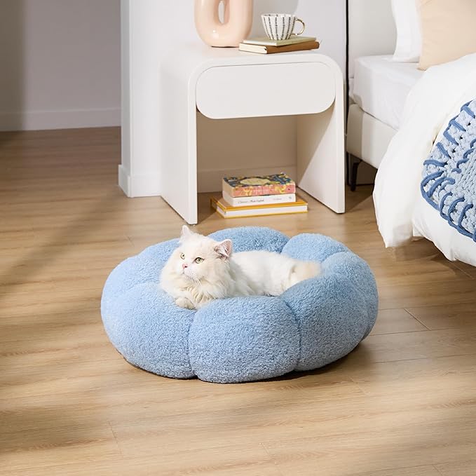 Lesure Calming Cat Beds for Indoor Cats - Cute Flower Pet Beds in Teddy Sherpa Plush, Donut Round Fluffy Puppy Bed, Non-Slip Extra Small Dog Bed Fits up to 15 lbs, Machine Washable, Blue 20"