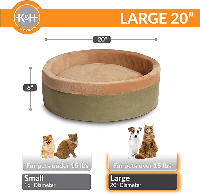 K&H Pet Products Thermo-Kitty Bed Heated Cat Bed for Indoor Cats , Electric Warming Bed for Cats and Small Dogs, Washable Thermal Plush Calming Round Pet Bed - Large 20" Sage/Tan