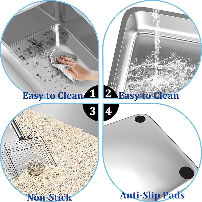 2 Pack Stainless Steel Cat Litter Box with Lid Enclosed Sides Extra Large Matel Litter Box for Big Cats XL Steel Litter Pan for Multiple Cats with Cat Litter Scoop Easy Cleaning