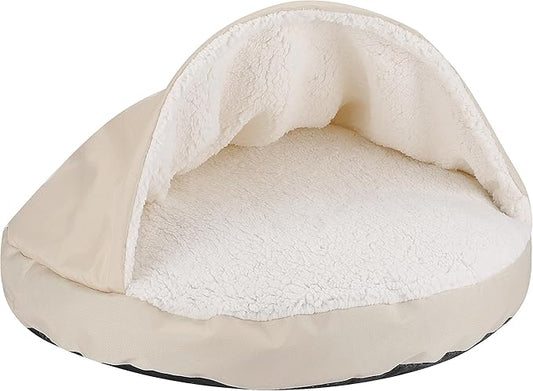 Long Rich Durable Oxford to Sherpa Pet Cave and Round Pet Bed, 25", with Removable Insert Khaki Color, by Happycare Textiles
