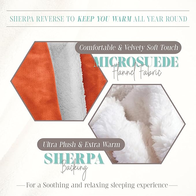 Elegant Comfort Reversible and Ultra-Plush Flannel Fleece Sherpa Throw- Lightweight Soft and Cozy- All Season Decorative Throw, Perfect for Lounging, 50 x 60 inches, Orange