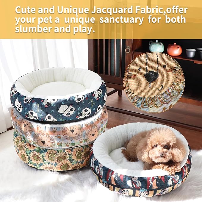 Circular Calming Dog & Cat Bed Anti-Anxiety Plush Dog Bed Washable Pet Bed with Anti Slip Backing Donut Cuddler with Cute Jacquard Patterns for Cat and Small Puppy 30" (Small, Lion)