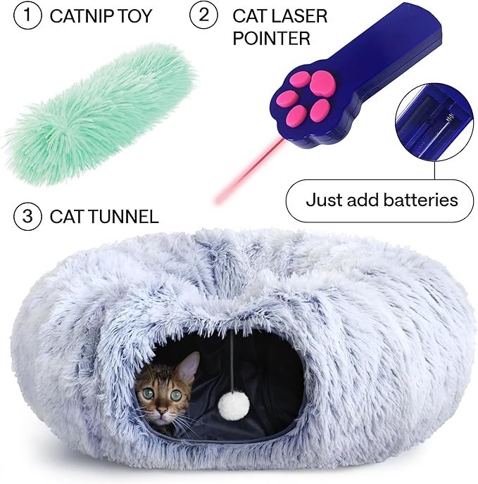 Cat Tunnel Bed – Cat Donut Tunnel Combining Cat Bed, Peekaboo Cat Cave, & Cat Tube – Cat Cave Bed with Cat Toys for Indoor Cats Included – Cat Tunnels for Indoor Cats Large, 1 Lazer Paw, 1 Ball