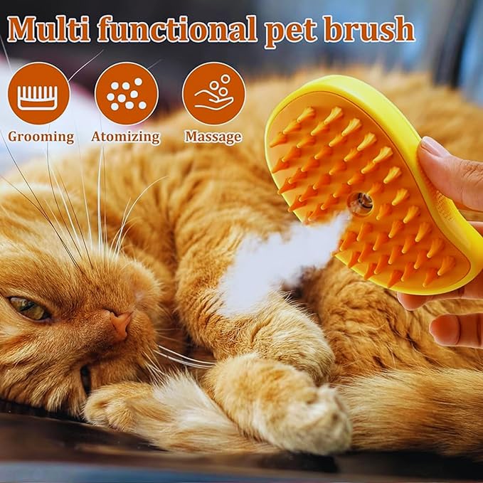 3-in-1 Self-Cleaning Steam Brush for Pets - Removes Loose and Tangled Hair, Multifunctional Design for Cats, Yellow
