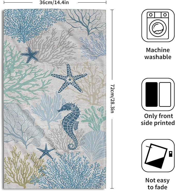 Blue Coral Hand Towels Set of 2 Sea Horse Decorative Bathroom Towels Super Soft Absorbent Towels for Yoga Gym Spa Kitchen 28x14 Inch