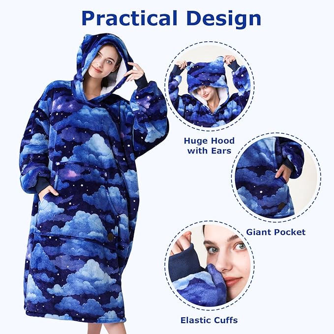 THREE POODLE Wearable Blanket Hoodie, Oversized Sherpa Sweatshirt Blanket for Adults Women Men, Warm Cozy Hooded Blanket, Gifts for Mom Girlfriend