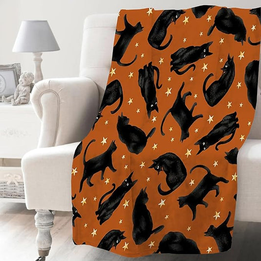 Cute Black Cats Blanket Gifts for Cat Lovers Girl, Halloween Throw Stars Plush Moon Blankets for Girls Women Lightweight Flannel Fleece Christmas Bedding for Chair Couch Bed Gift for Kids 40x50In