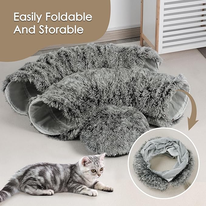 Cat Tunnel Bed for Indoor Cats, Peekaboo Cat Cave with Washable Soft Play Mat, Furry Cat Tube, for Kitten/Puppy/Rabbit, Black