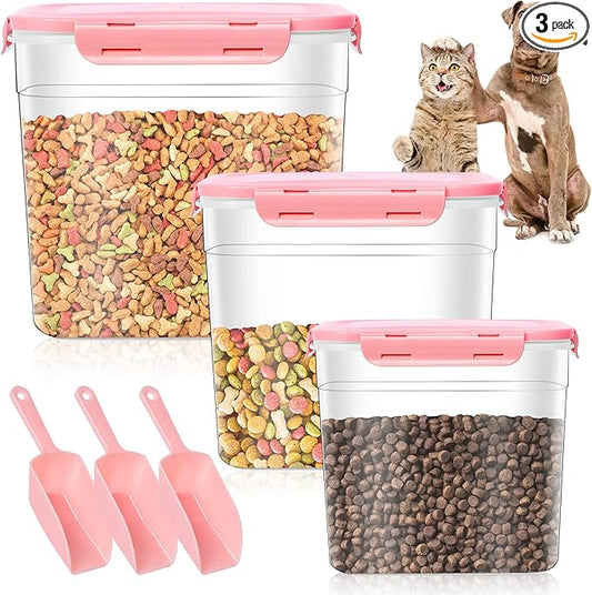 3 Pieces Animal Food Storage Containers, Plastic Dog Food Storage Container with Spoon, 4 Seal Buckles Pet Food Storage Containers for Dog Cat Treats(3.8 L+ 2.3L +1.2L)