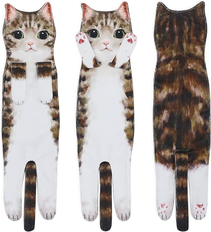 Cat Hand Towels for Kitchen Bathroom - Cute Cat Decor Gadgets - Hanging Soft Absorbent Hand Face Towel - Funny Birthday Housewarming Holiday Unique Gifts for All Women Mom Lady Cat Lovers - Tabby