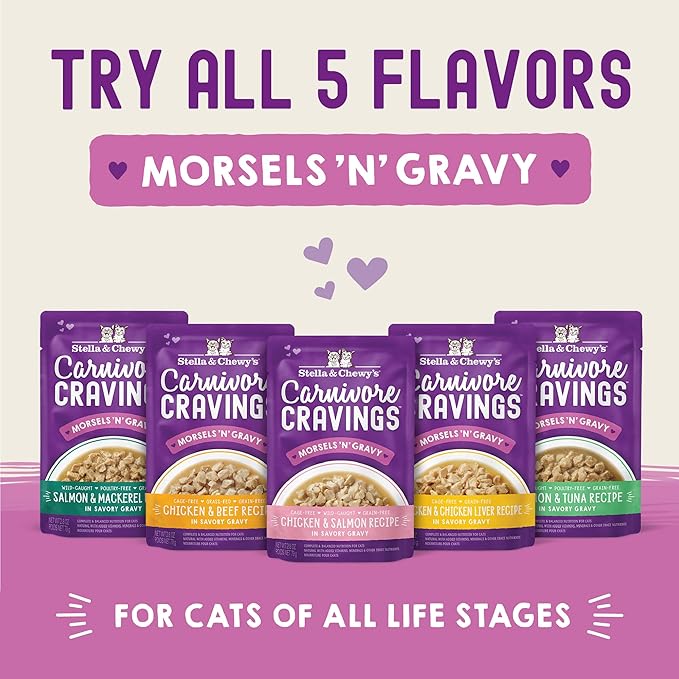 Stella & Chewy’s Carnivore Cravings Morsels & Gravy Salmon & Tuna Recipe Wet Cat Food Pouches – (2.8 Ounce Pouch, Case of 12)