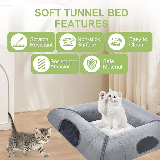Cat Tunnel Bed for Multiple Kittens and Rabbits, Foldable Indoor Peekaboo Pet Cave, Sturdy and Scratch Resistant, Removable and Washable Soft Cushion - Cat Interactive Toys (Gray, with Door)