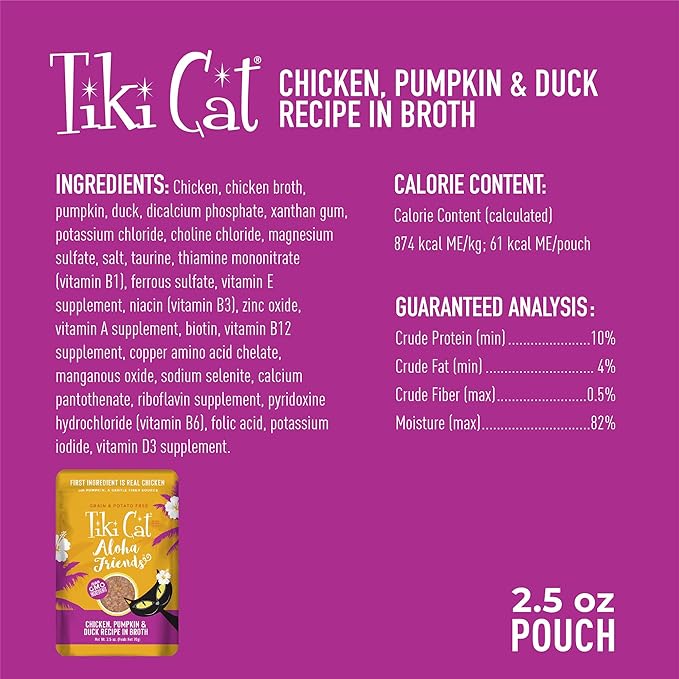Tiki Cat Aloha Friends, Chicken, Pumpkin & Duck, Grain-Free & High Moisture, Wet Cat Food for All Life Stages 2.5 oz. Pouch (Pack of 12)