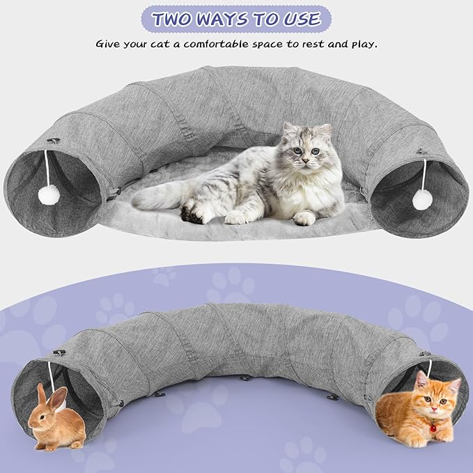 Cat Tunnel, Collapsible Cat Tunnel Bed Sturdy Oxford Fabric for Indoor Cats,Interactive Hanging Ball Pet Tunnel Tube with Cat Teaser Stick (Grey)