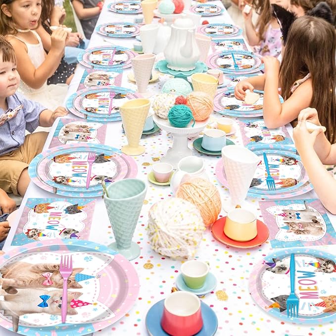 96PCS Cat Party Decorations Kitten Birthday Tableware Cat Paper Plates Meow Plates Napkins Dinnerware for Pet Kitten Baby Shower Party Supplies, Serves 24