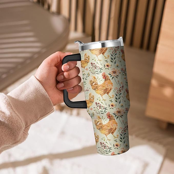 40 Oz Chicken Tumbler with Handle and Straw, Double Wall Stainless Steel Mug, Insulated Rooster Cup Gifts for Chicken Lovers, Travel Mug