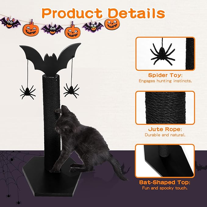 ROYALAY Gothic Cat Scratching Post with 2 Spiders Dangling Toys, Halloween Kitten Furniture for Cats Stuff, Black Halloween Cat Scratcher, Demon Styled Cat Tree for Halloween Decor