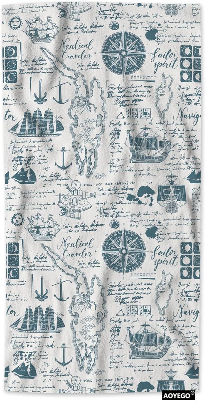 AOYEGO Nautical Beach Towels Vintage Manuscript with World Map Boats Caravels Wind Rose Anchors Microfiber Soft Towels for Bath Hair Hand Towel for Women/Men/Girls/Boys 15x30 Inch