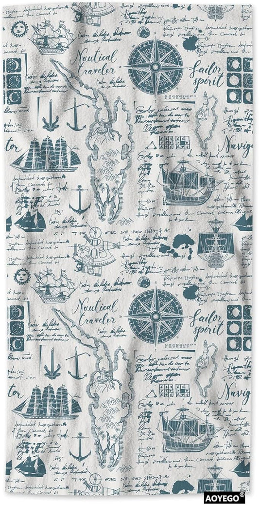 AOYEGO Nautical Beach Towels Vintage Manuscript with World Map Boats Caravels Wind Rose Anchors Microfiber Soft Towels for Bath Hair Hand Towel for Women/Men/Girls/Boys 15x30 Inch