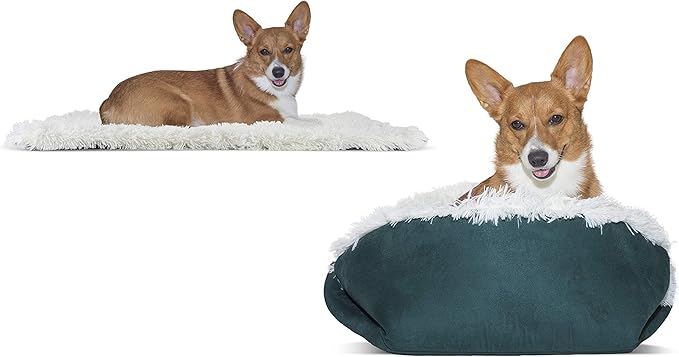 Furhaven Self-Warming Cat Bed for Indoor Cats, 4-Beds-in-1 & Washable - Plush Long Faux Fur Convertible Cuddler - Spruce, Large