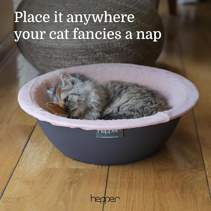 Hepper Cat Nest - Washable Cat Bed with Removable Fluffy Fleece Liner - Cozy Comfy Calming Cat Bed Round Shape - Cat Warming Bed - Donut Cat Bed Desk Ready - Small Cat Bed for Indoor Cats (Grey/Pink)