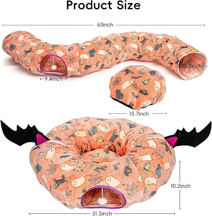 Halloween Cat Tunnel Bed, Cat Tunnels for Indoor Cats Large with Bat Wings, Foldable Cat Donut Tunnel with Soft Mat and Dangling Balls, Pumpkin Cat Play Tunnel Toy with Ghost, Spider Web Pattern