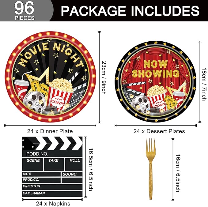 96 Pcs Movie Night Birthday Party Plates Napkins Forks Supplies Paper Tableware Set Disposable Table Movie Night Theme Snack Decoration for 24 Guests