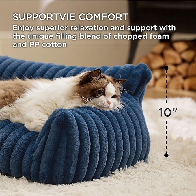 Bedsure Cute Cat Couch for Pets - Fluffy Cat Sofa with Premium Soft Corduroy Fleece, Fuzzy Cat Couch Bed with Removable Washable Cover, Supportive Cat Chair for Indoor Cats, 24inch, Night Blue