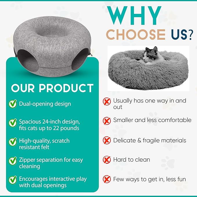 DMMC Cat Tunnel Bed, Detachable Donut Cave for Indoor Cats, Peekaboo Nest Donut for Large Cats, Hideaway Cave 2 Toys & 1 Hair Remover Brush - Washable Pet Tunnel Bed Scratch Resistant (24" Light Grey)