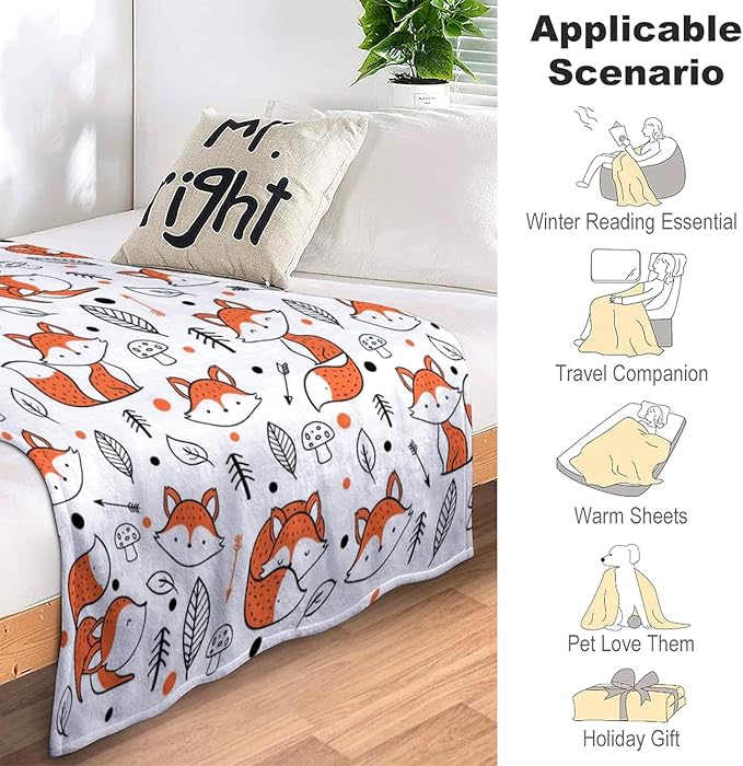 Cute Fox Blanket Super Soft Cozy Flannel Throw Blankets Bedding for Sofa Bedroom Living Room Kids Adults Gifts 50"x40"