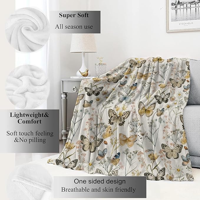 Vintage Butterfly Floral Blanket Elegant Retro Wildflowers Throw Blankets Gifts for Girls Women Adults Lightweight Soft Fleece Cozy for Sofa Couch Bed Room Travel Birthday Party Decor 50x60in