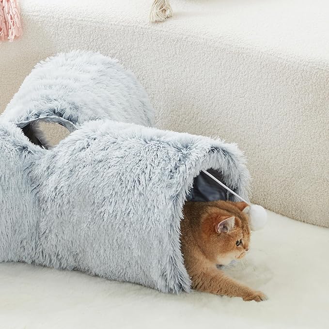 Tempcore Plush Pet Cat Tunnel Tube Cat Toys 3 Way Collapsible, Cat Tunnels for Indoor Cats，Kitty Tunnel Bored Cat Pet Toys Peek Hole Toy Ball Cat, Puppy, Kitty, Kitten, Rabbit Light Grey