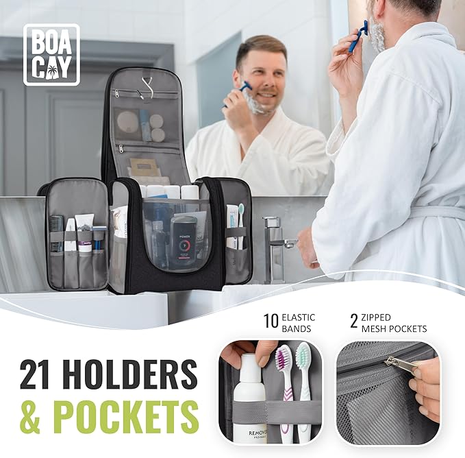 BOACAY Extra Large Hanging Travel Toiletry Bag for Women and Men, Makeup Bag, Bathroom & Shower Organizer Kit for Accessories, Cosmetics, Essentials