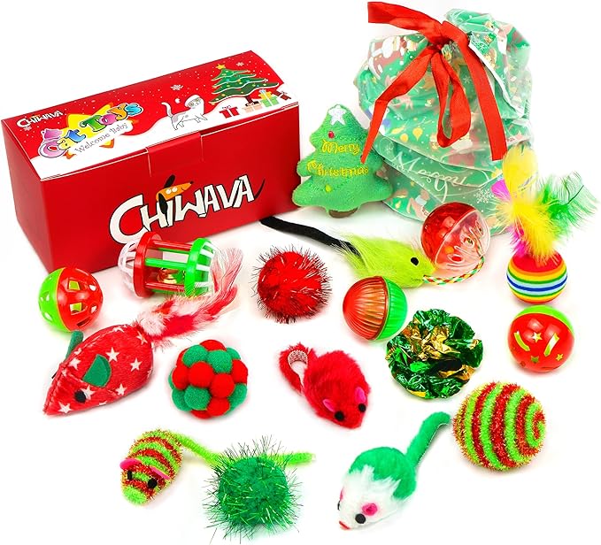 CHIWAVA 17 Pack Christmas Cat Toy Bag Set Assorted Toys Variety Pack Kitten Interactive Play