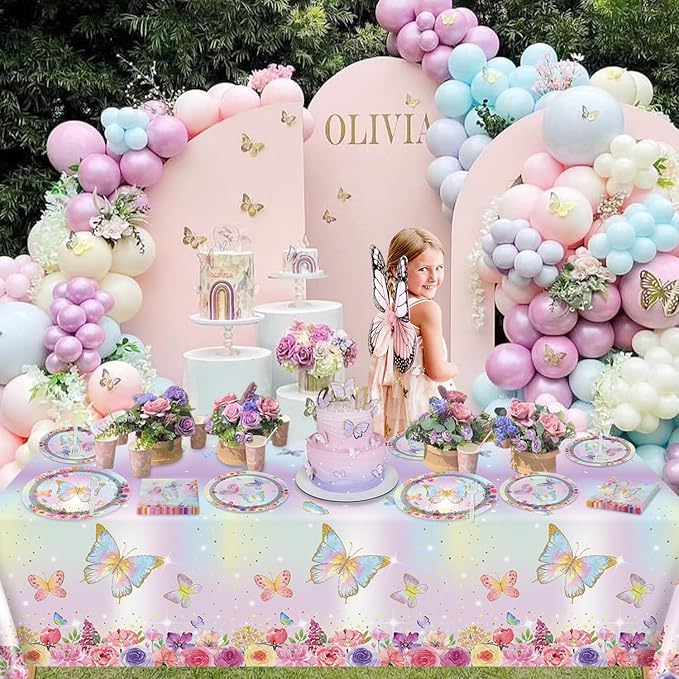 96PCS Butterfly Party Decorations Flower Fairy Birthday Tableware Flower Paper Plates Butterfly Plates Napkins Dinnerware for Baby Shower Party Supplies, Serves 24