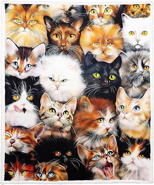 Cats Sherpa Blanket, Cute Kittens Fleece Throw Blankets for Couch Sofa Bed, Super Soft Warm and Lightweight, 60" x 80"