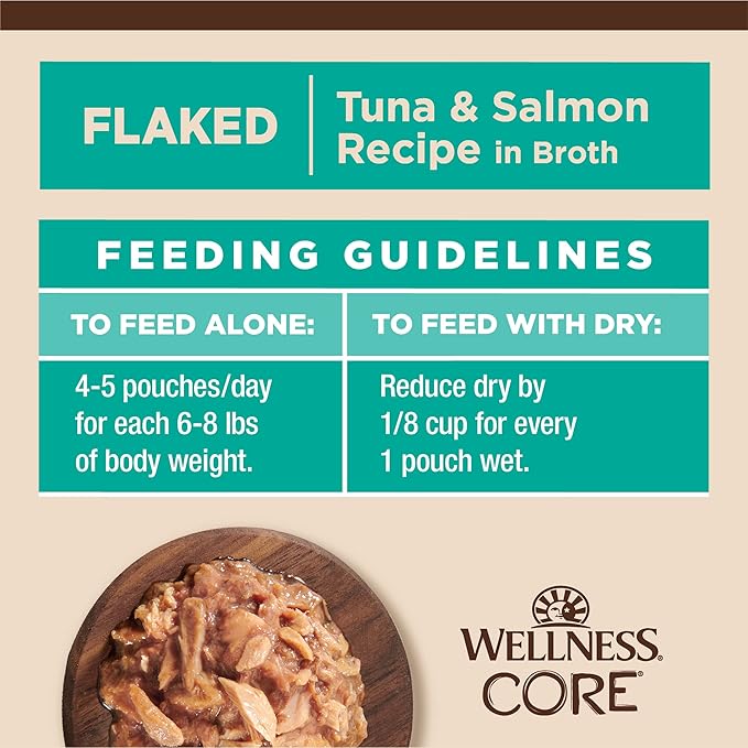 Wellness CORE Tiny Tasters Wet Cat Food, Complete & Balanced Natural Pet Food, Made with Real Meat, 1.75-Ounce Pouch, 12 Pack (Adult Cat, Flaked Tuna & Salmon in Gravy)