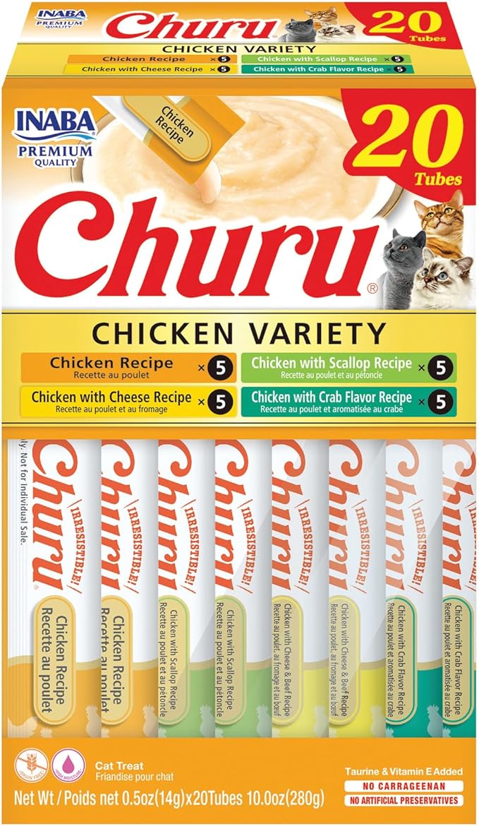 INABA Churu Cat Treats, Lickable, Squeezable Creamy Purée Cat Treat with Green Tea Extract & Taurine, 0.5 Ounces Each Tube, 20 Tubes, Chicken Variety Box