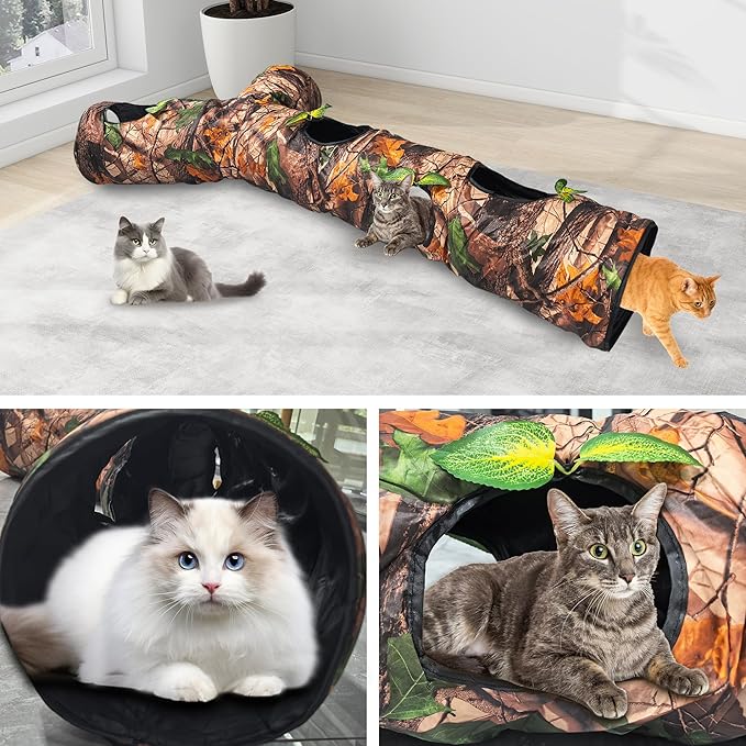 Cat Tunnel for Indoor Cat Large,Cat Bed Toy with Three Channels and Leaves,Y-Shape Cat Cave, Foldable Easy to Store,Suitable for Cats and Other Small Pets to Chase and Play, L 59",Brown
