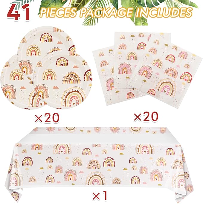 Boho Rainbow Party Supplies Boho Rainbow Baby Shower Tableware Set Including Paper Plates Napkins Tablecloth for Boho Birthday Party Baby Shower Decorations Supplies