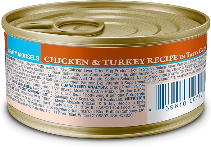 Blue Buffalo Wilderness Wild Delights Meaty Morsels Wet Cat Food, High-Protein & Grain-Free, Made with Natural Ingredients, Chicken & Turkey Recipe in Tasty Gravy, 3-oz. Cans (24 Count)