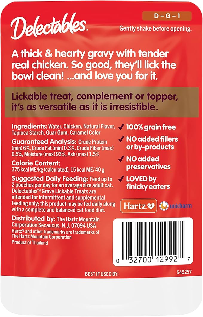 Hartz Delectables Gravy Non-Seafood Lickable Wet Cat Treat & Food Topper, Chicken, 12 Pack, 1.40 Ounce (Pack of 12)