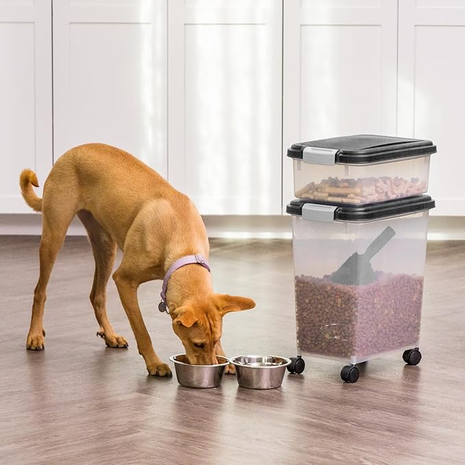 IRIS USA Dog Food Storage Container, 30 lbs & 11 lbs Combo, Cat Food Storage Container, Dog Treat Container, Airtight, Stackable, 2-Cup Scoop, Wheels, Easy Mobility, Black
